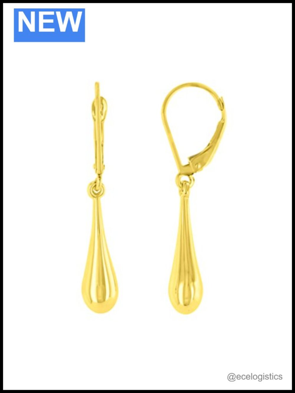 14k Yellow Gold Plain and Simple Teardrop Dangle Drop Earrings, 5.5mm